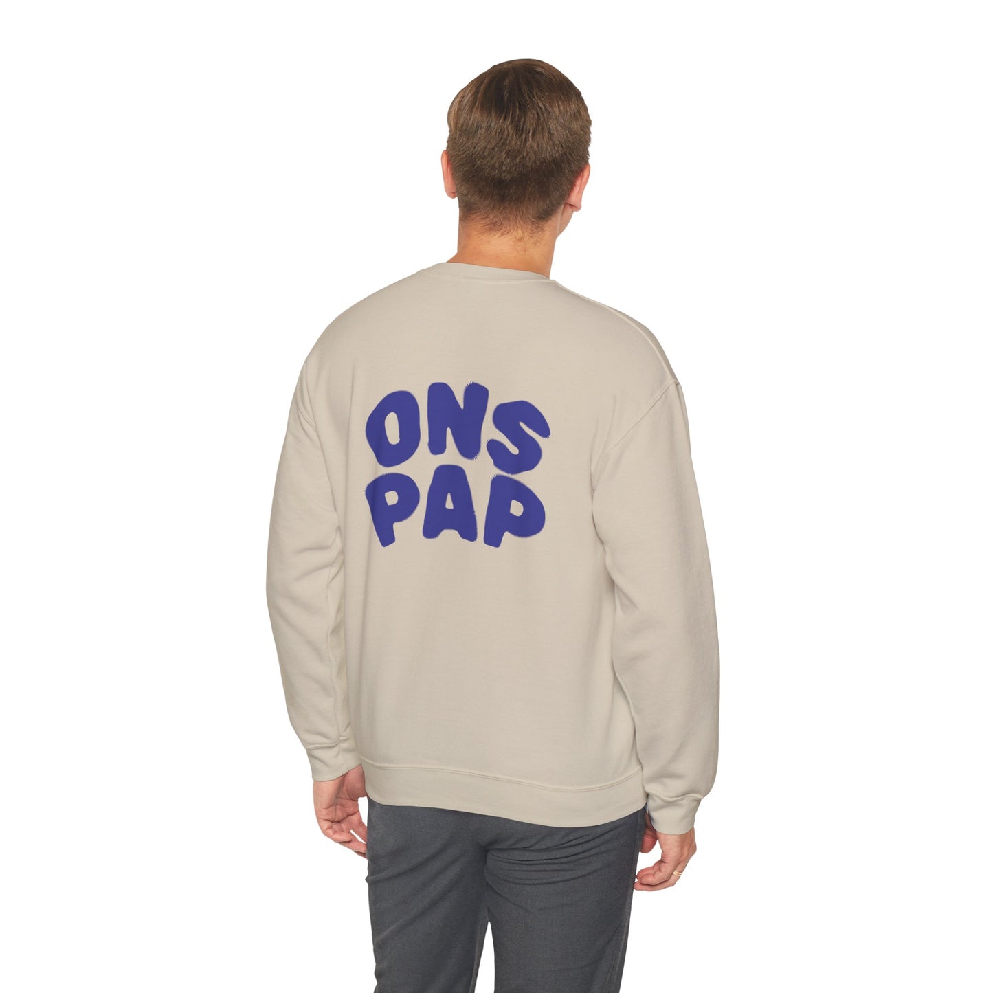 'ONS PAP'- Trui / sweatshirt met opdruk achterkant blauw