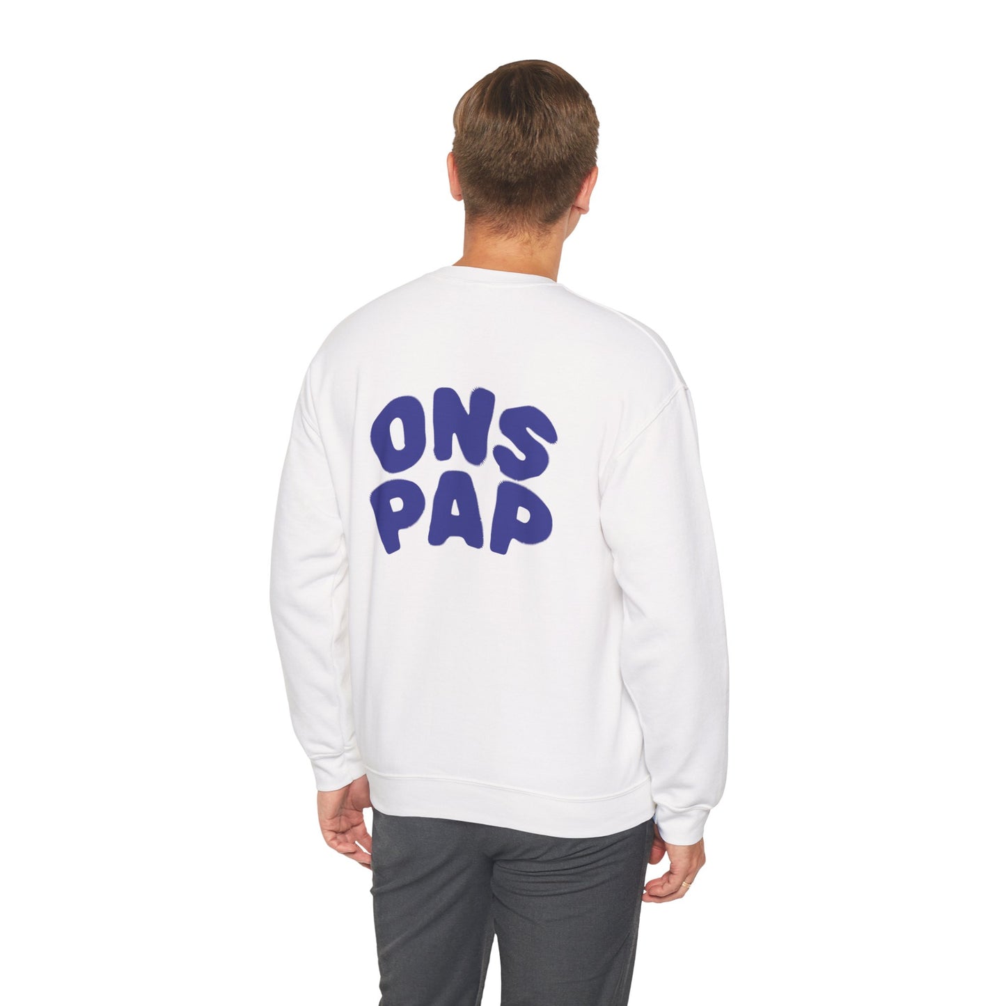 'ONS PAP'- Trui / sweatshirt met opdruk achterkant blauw